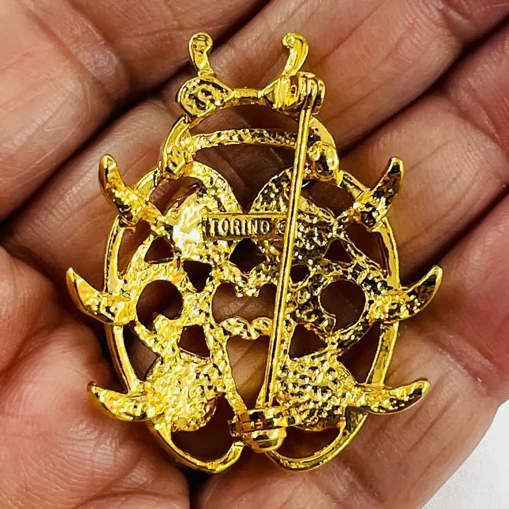 Vintage Torino Gold Tone and AB Rhinestone Ladybug Brooch Fairycore Romantic Pin